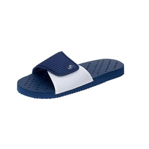 Side view Image of navy and white shower flip flops with drainage holes for a non-skid stride. Made by Showaflops