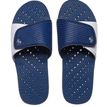 Load image into Gallery viewer, Image of navy and white shower flip flops. Made by Showaflops