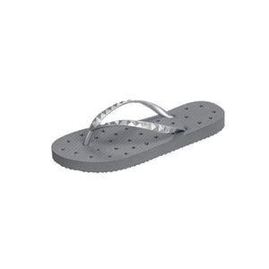 Side view Image of shower flip flops with a clean pewter stars design. Made by Showaflops