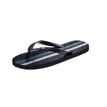 Load image into Gallery viewer, Side view Image of striped shower flip flops. Grey and white stripes. Made by Showaflops