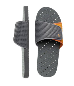 Two views of women's shower shoes by Showaflops - grey and orange