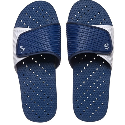 Image of navy and white non-skid shower flip flops. Made by Showaflops