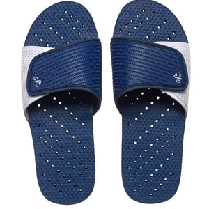 Image of navy and white shower flip flops. Made by Showaflops