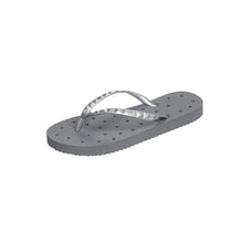 Load image into Gallery viewer, Side view Image of shower flip flops with a clean pewter stars design. Made by Showaflops