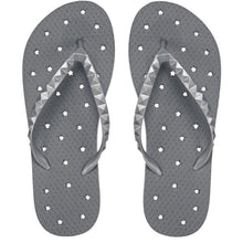 Load image into Gallery viewer, Image of shower flip flops with a pewter stars design. Made by Showaflops