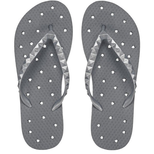 Image of shower flip flops with a pewter stars design. Made by Showaflops