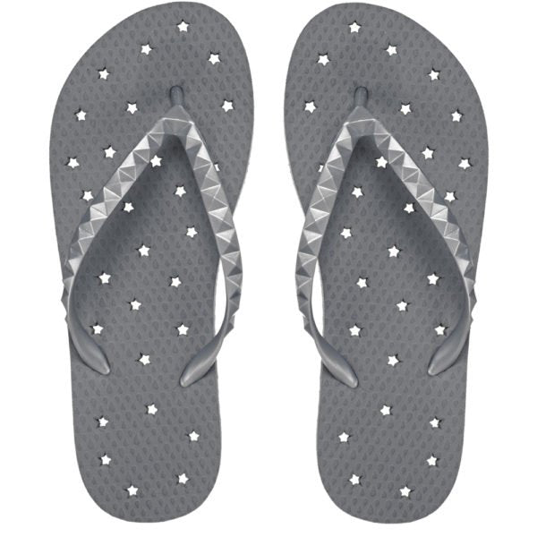 Image of shower flip flops with a pewter stars design. Made by Showaflops