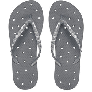Image of shower flip flops with a clean pewter stars design. Made by Showaflops