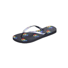 Load image into Gallery viewer, Small Image of shower flip flops with rainbow colored lips on a black sole. Made by Showaflops