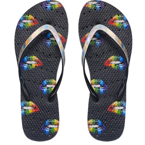 Image of shower flip flops with rainbow colored lips. Made by Showaflops
