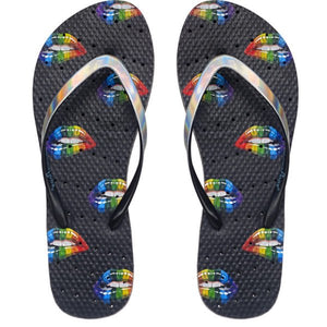 Image of shower flip flops with rainbow colored lips. Made by Showaflops