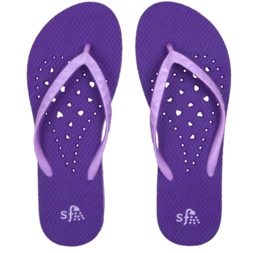 Image of purple shower flip flops by Showafops. Heart design with hole pattern.
