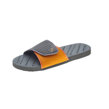 Load image into Gallery viewer, Sideview of grey and orange women&#39;s shower shoes by Showaflops