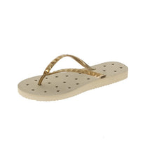 Load image into Gallery viewer, Small Image of shower flip flop featuring a Neutral sand-colored footbed with a metallic gold stud strap. Drainage hole pattern make for a perfect non-skid flip flop.