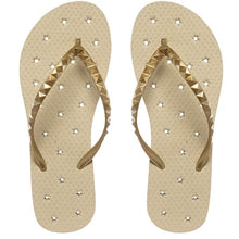 Load image into Gallery viewer, Image of shower flip flop featuring a Neutral sand-colored footbed with a metallic gold stud strap. Drainage hole pattern make for a perfect non-skid flip flop.