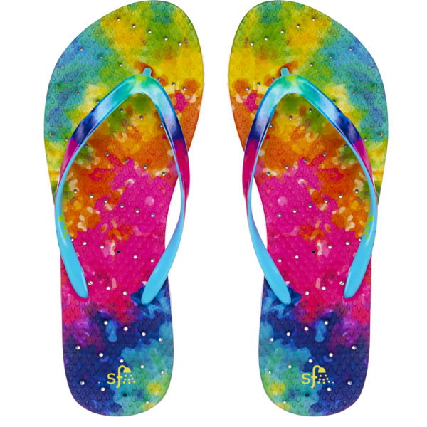 Image of tie dye shower flip flops.  Tie dye colored sole and strap plus drainage holes for a non-skid flip flop.