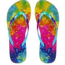 Load image into Gallery viewer, Image of tie dye shower flip flops.  Tie dye colored sole and strap plus drainage holes for a non-skid flip flop.
