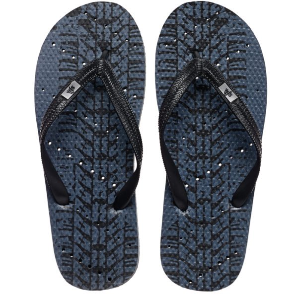 Image of shower flip flops by Showafops. Tire track design with hole pattern.