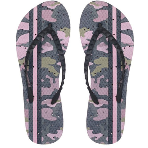 Image of shower flip flops by Showafops. Vintage camo design with hole pattern.