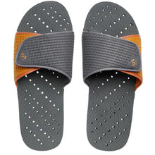 Load image into Gallery viewer, Grey and orange women&#39;s shower shoes by Showaflops