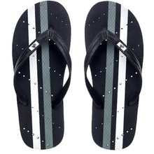 Load image into Gallery viewer, Image of striped shower flip flops. Grey and white stripes. Made by Showaflops