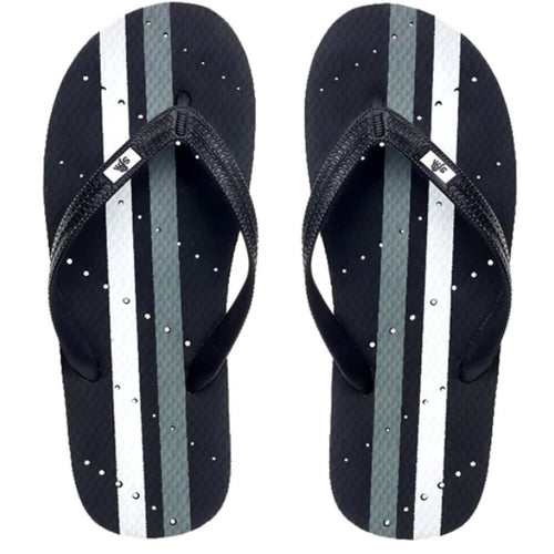 Image of striped shower flip flops. Grey and white stripes. Made by Showaflops